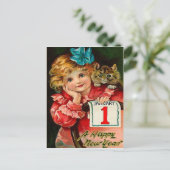 The Girl and the Cat - New Year Greeting Postcard Feestdagenkaart (Staand voorkant)