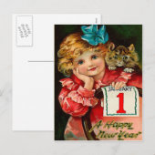 The Girl and the Cat - New Year Greeting Postcard Feestdagenkaart (Voorkant / Achterkant)