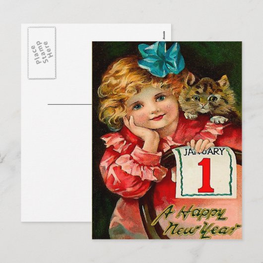 The Girl and the Cat - New Year Greeting Postcard Feestdagenkaart (Voorkant / Achterkant)