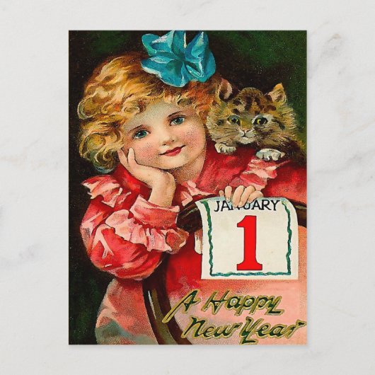 The Girl and the Cat - New Year Greeting Postcard Feestdagenkaart (Voorkant)