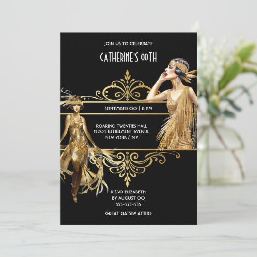 The Great Gatsby 1920's zwart gouden verjaardag Kaart (Staand voorkant)