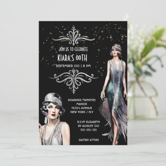The Great Gatsby zwarte zilveren flappers art deco Kaart (Staand voorkant)