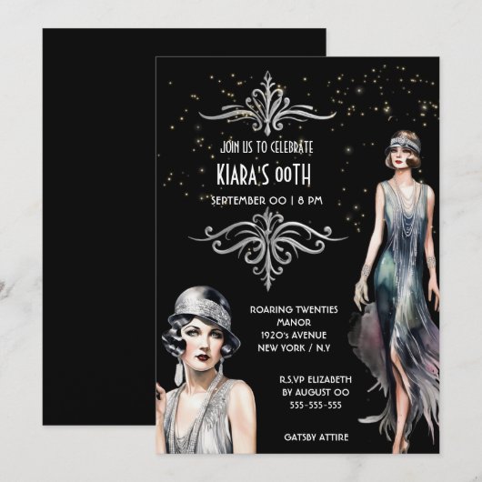 The Great Gatsby zwarte zilveren flappers art deco Kaart (Voorkant / Achterkant)