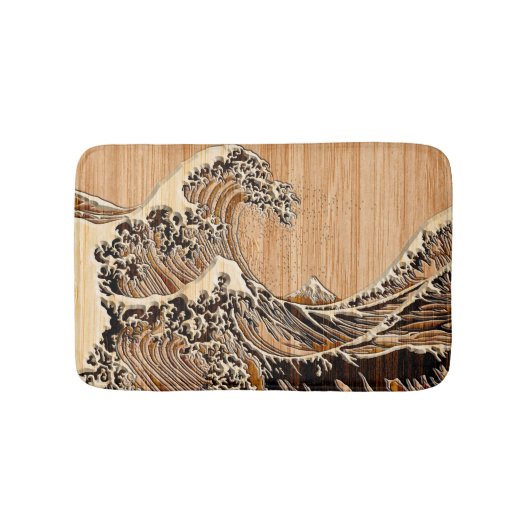 The Great Hokusai Wave Bamboo Wood Inlay Style Badmat (Voorkant)