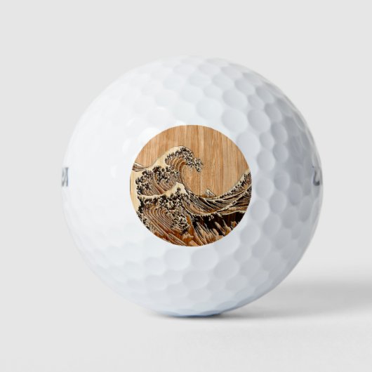 The Great Hokusai Wave Bamboo Wood Inlay Style Golfballen (Voorkant)