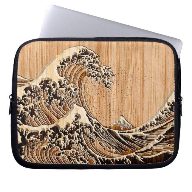 The Great Hokusai Wave Bamboo Wood Inlay Style Laptop Sleeve (Voorkant)