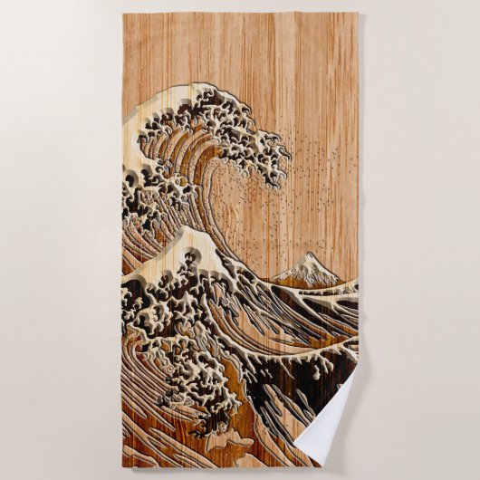 The Great Hokusai Wave Bamboo Wood Inlay Style Strandlaken (Voorkant)