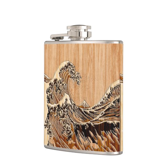 The Great Hokusai Wave Bamboo Wood Style Accent Heupfles (Links)