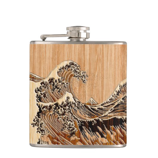 The Great Hokusai Wave Bamboo Wood Style Accent Heupfles (Voorkant)