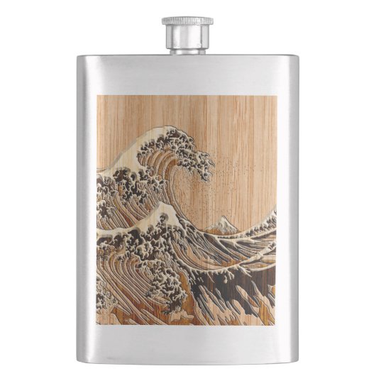 The Great Hokusai Wave Bamboo Wood Style Accent Heupfles (Voorkant)