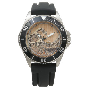 The Great Hokusai Wave Bamboo Wood Style Accent Horloge