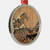 The Great Hokusai Wave Bamboo Wood Style Accent Metalen Ornament (Rechts)