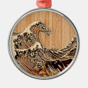 The Great Hokusai Wave Bamboo Wood Style Accent Metalen Ornament