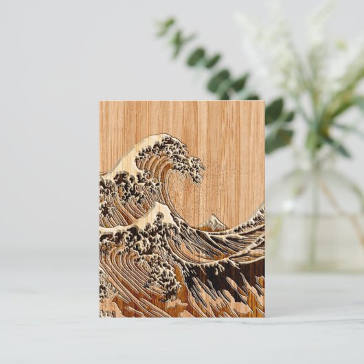 The Great Hokusai Wave Bamboo Wood Style Briefkaart (Staand voorkant)