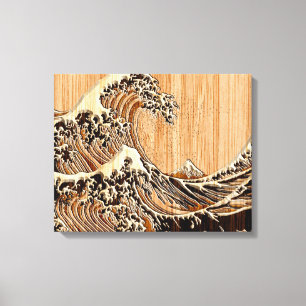 The Great Hokusai Wave Bamboo Wood Style Canvas Afdruk