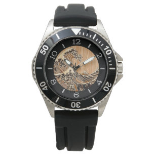 The Great Hokusai Wave Bamboo Wood Style Dial Horloge