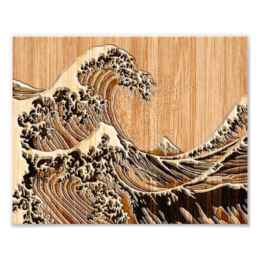 The Great Hokusai Wave Bamboo Wood Style Foto Afdruk (Voorkant)