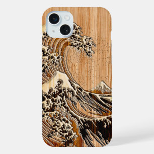 The Great Hokusai Wave Bamboo Wood Style iPhone 15 Plus Case