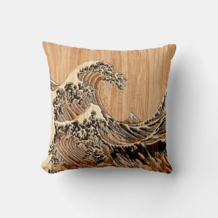 The Great Hokusai Wave Bamboo Wood Style Kussen