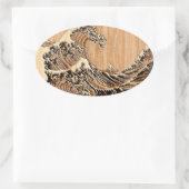 The Great Hokusai Wave Bamboo Wood Style Ovale Sticker (Tas)