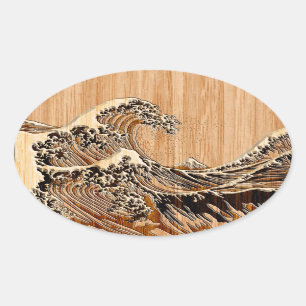 The Great Hokusai Wave Bamboo Wood Style Ovale Sticker