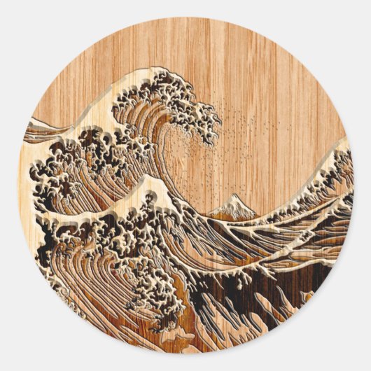 The Great Hokusai Wave Bamboo Wood Style Ronde Sticker (Voorkant)