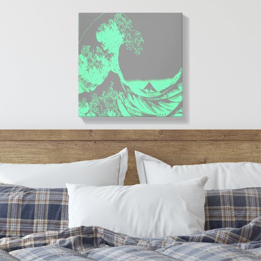 The Great Wave Seafoam Green & Grey Wrapped Canvas (Insitu (Slaapkamer))