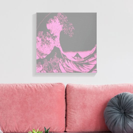 The Great Wave Wrapped Canvas Roze & Grijs (Insitu (Woonkamer))