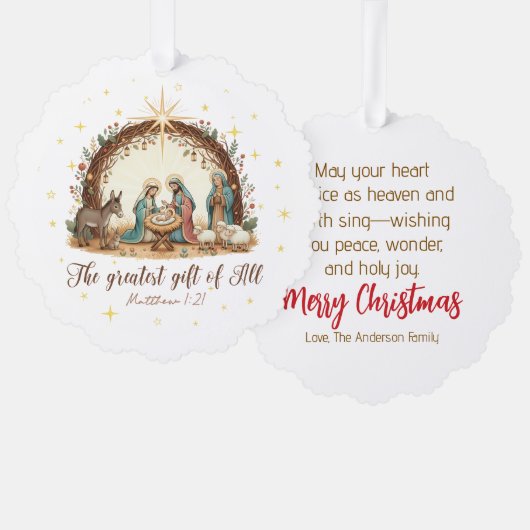 The Greatest Gift of All” Nativity  Ornament Kaart (Voorkant / Achterkant)