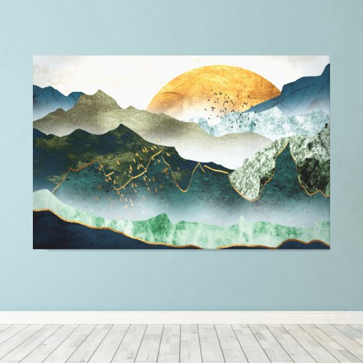 The green golden mountains by sunset canvas afdruk (Insitu (Houten vloer))