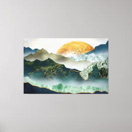 The green golden mountains by sunset canvas afdruk