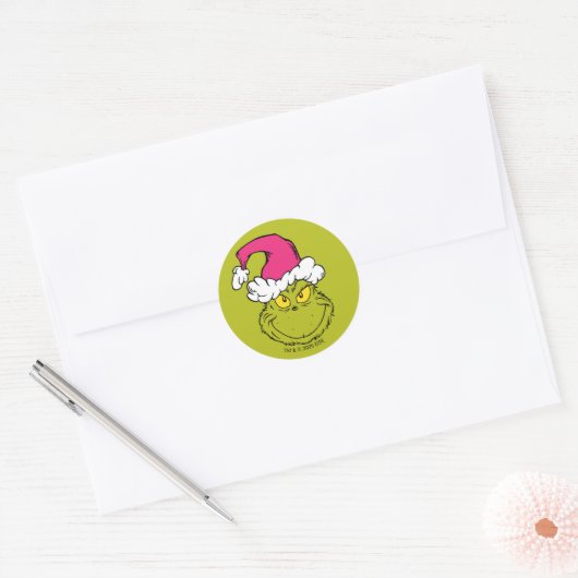 The Grinch in Pink Santa Hat Ronde Sticker (Envelop)