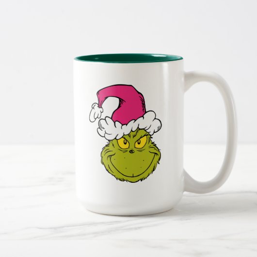 The Grinch in Pink Santa Hat Tweekleurige Koffiemok (Rechts)