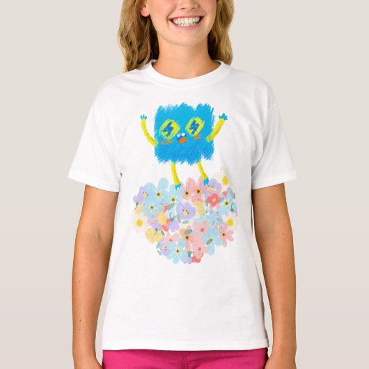The Happy Blue Scribble on a Bed of Flowers T-shirt (Voorkant)