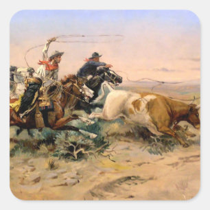 “The Herd Quitter” Westerse kunst van Charles M Ru Vierkante Sticker