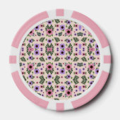 The image shows poker chips with a floral pattern (Voorkant)