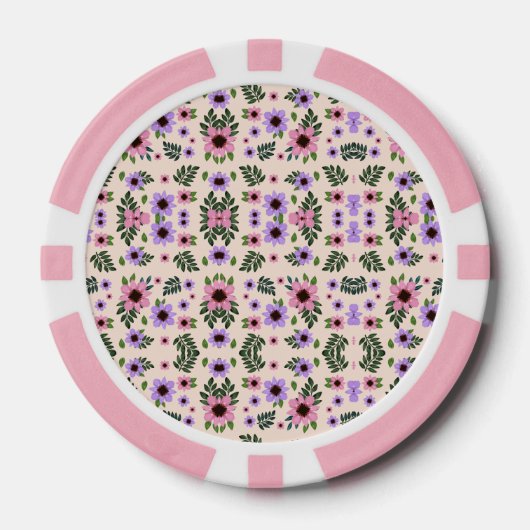 The image shows poker chips with a floral pattern (Voorkant)