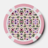 The image shows poker chips with a floral pattern (Achterkant)