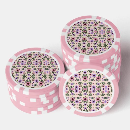 The image shows poker chips with a floral pattern (Opstapeling)