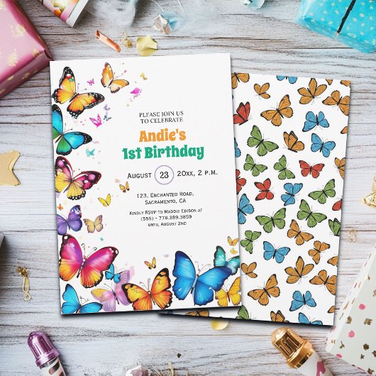 The Joy of Butterflies 1st Birthday Invitation Kaart