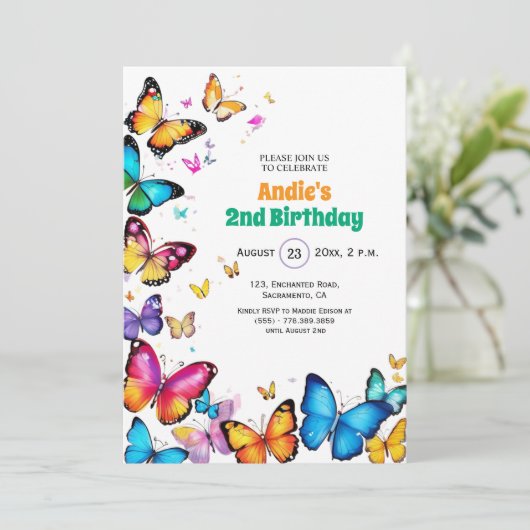 The Joy of Butterflies 2nd Birthday Invitation Kaart (Staand voorkant)