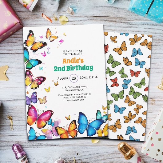 The Joy of Butterflies 2nd Birthday Invitation Kaart