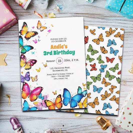 The Joy of Butterflies 3rd Birthday Invitation Kaart
