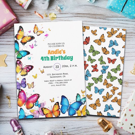 The Joy of Butterflies 4th Birthday Invitation Kaart