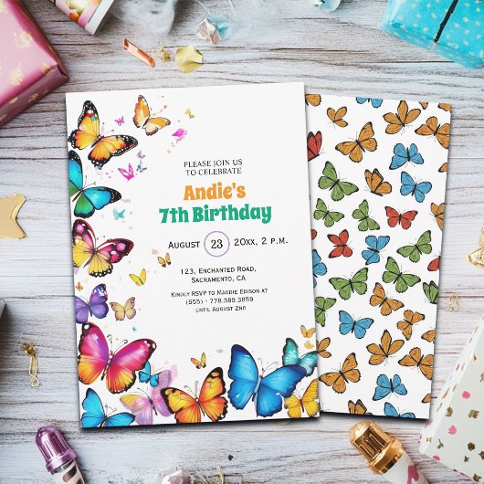 The Joy of Butterflies 7th Birthday Invitation Kaart