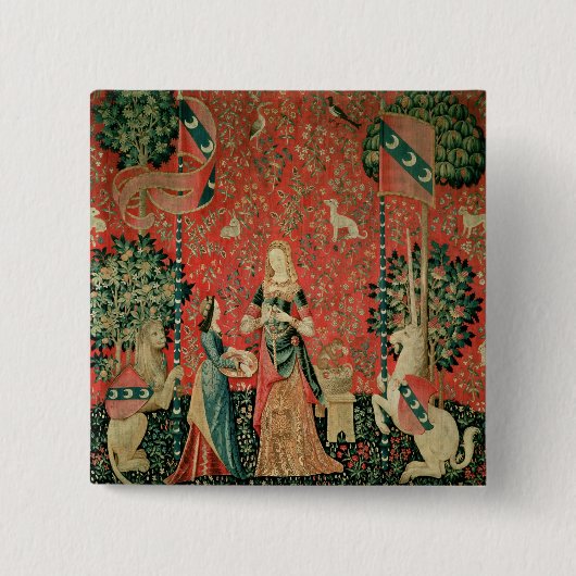 The Lady en de Unicorn: "Ruik" Vierkante Button 5,1 Cm (Voorkant)