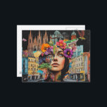 The Lady in a City Collage Flowers Frogs Birds Briefkaart<br><div class="desc">A woman in a city among the flowers and buildings mixed media collage fantasy AI generated art</div>