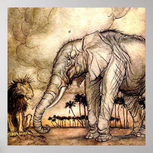 "The Lion and The Elephant" van Arthur Rackham Poster