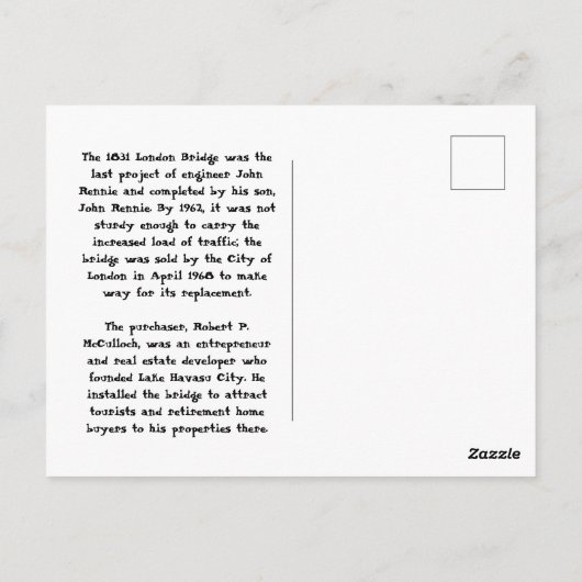 The London Bridge, Lake Havasu, Az. Briefkaart (Achterkant)