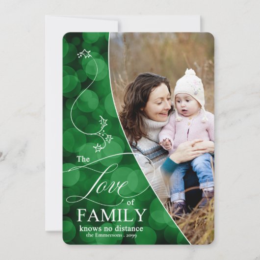 The Love Family Green Bokeh kerstfoto Hol Feestdagenkaart (Voorkant)